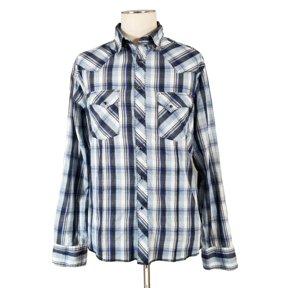 Wrangler Shirt Mens Large Blue‎ White Plaid Western Pearl Snap Cowboy Rodeo